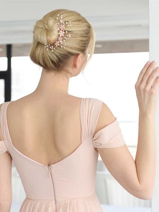 Mariell Rose Gold Crystal and Pearl Vine Hair Comb 5\